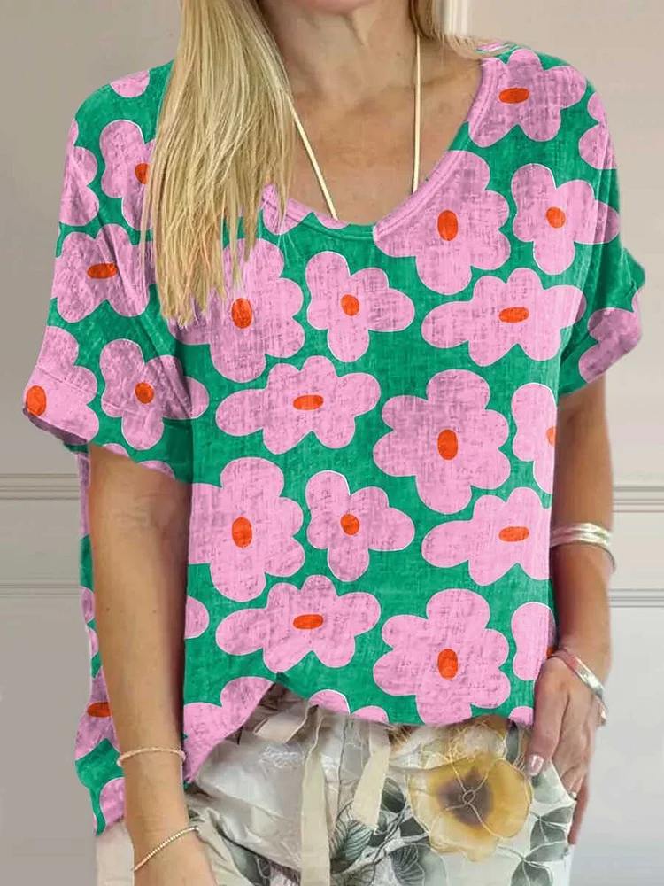Women's Lovely Flowers Art Print Casual Cotton And Linen Shirt