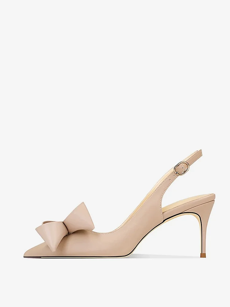 65mm Women's Pointed Toe Cute Bow Decoration Sandals Stiletto Apricot Bottom High Heels Slingback Shoes