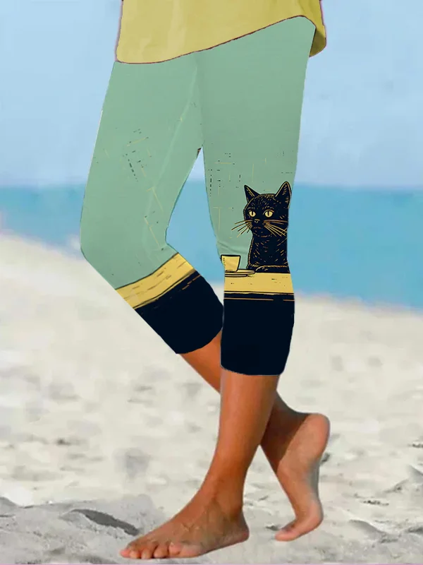 Women's Black Cat Chilling Coffee Art Print Leggings