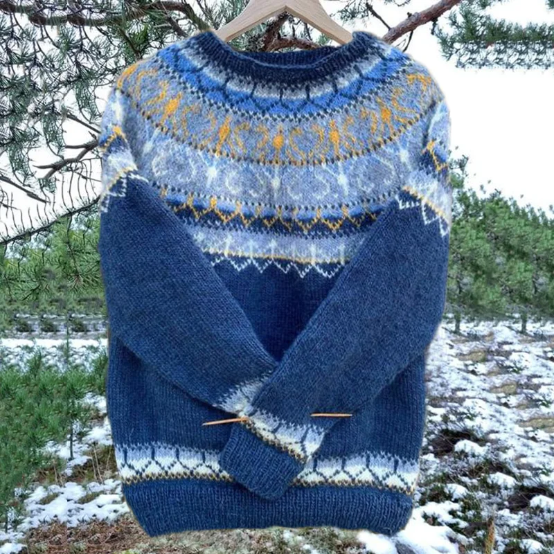 Vintage Icelandic Knit Jacquard Warmth Blue Crew Neck Sweater(Unisex)