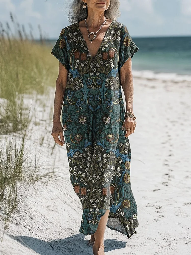 Women's Vintage Colorful Flower Art Print Pocket Cotton Dress