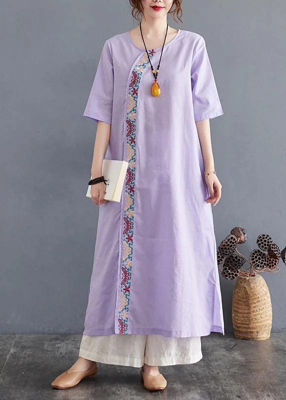Comfy Comfy Light Purple Embroidery Cotton Linen Maxi Summer Dress