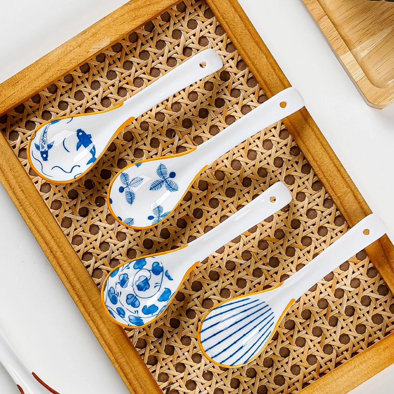 Japanese Style Small Soup Spoon Creative Blue And White Ceramic Spoon Household Thickened Curved Handle Anti-scalding Food Soup Spoon
