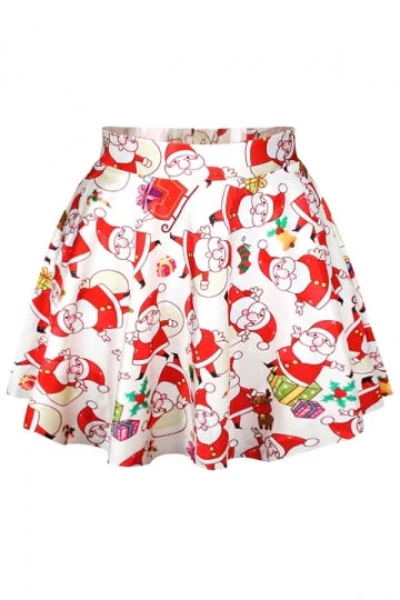 Red Womens Ugly Santa Claus Printed Cute Christmas Pleated Skirt-elleschic
