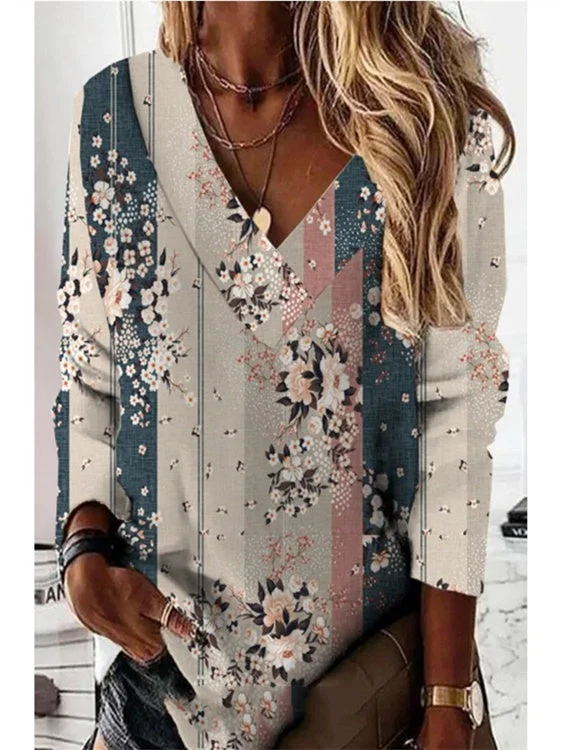 Women Long Sleeve V-neck Floral Printed Tops