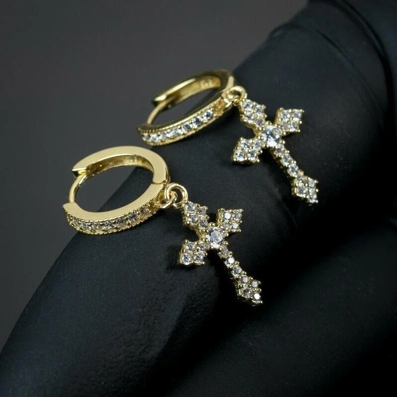 Fashion Men's Women Gold Color Cross Earrings Hip Hop Biker Zircon Crystal Dangle Statement Earrings Jewelry