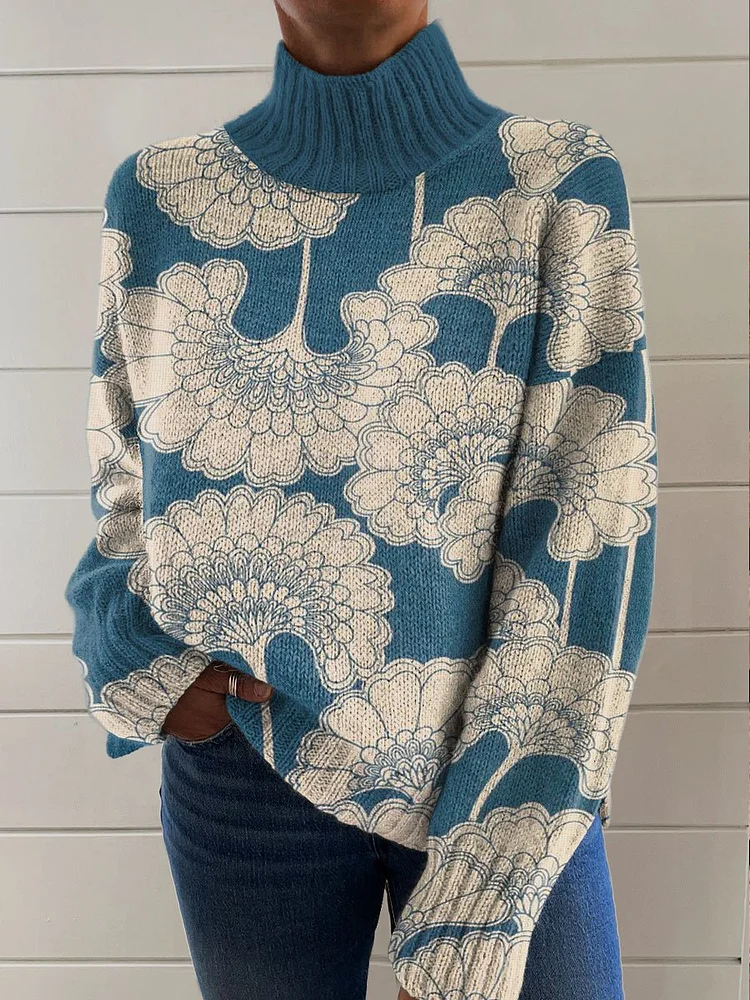 Vintage Flower Art Print Knit Turtleneck Pullover Sweater