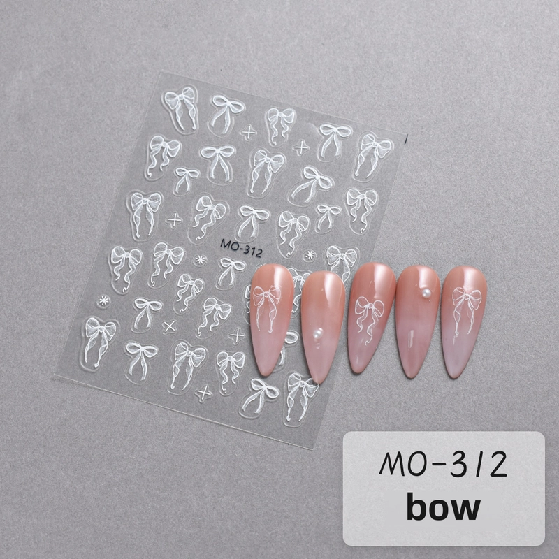 Bow Nail Art Sticker Relief Stereo Cute Girl’s Heart Pink White Ribbon Bow Nail Sticker Decoration