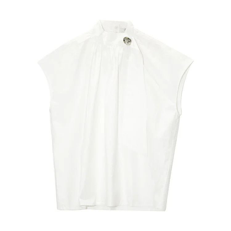 Modern Solid Color Stand Collar With Tie Pleated Short Sleeve Shirt     