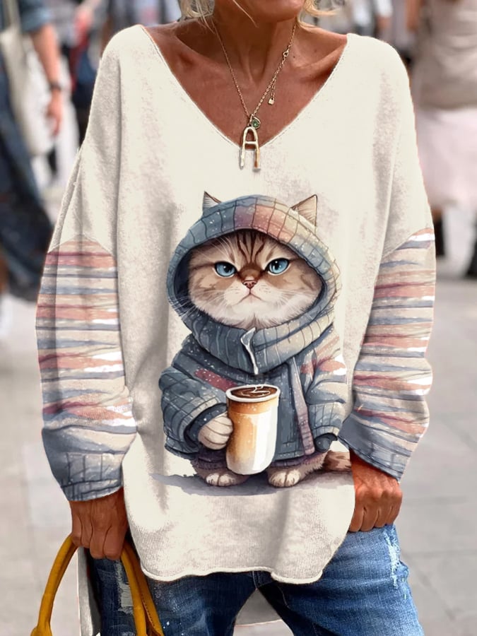 Women's Winter Funny Cute Wonderland Clothing Cat Coffee Printed V-Neck ...