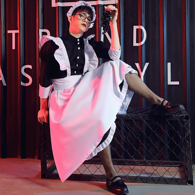 Black Neutral Button Ruffled Maid Dress