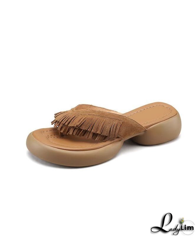 Brown Chunky Suede Boutique Tassel Splicing Slide Sandals