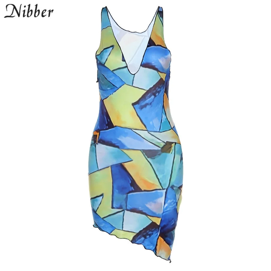 NIBBER Vintage Color Print Sling Mini Dresses For Women's 2021 Summer Street Casual Sleeveless Deep V-Neck Beach Vacation Dress