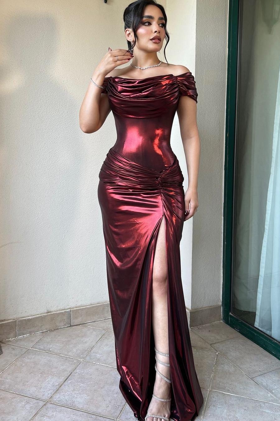 Glamorous Off the Shoulder Pleated Strapless Slim Prom Dress with Split | MS0150  