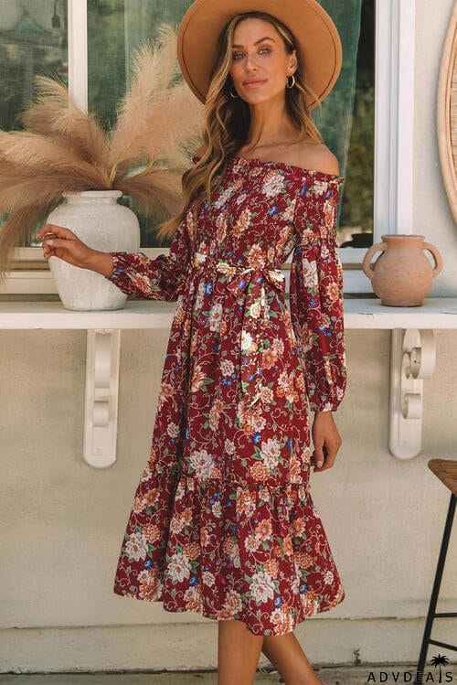 Smocked Off-Shoulder Tie Belt Ruffle Trim Dress