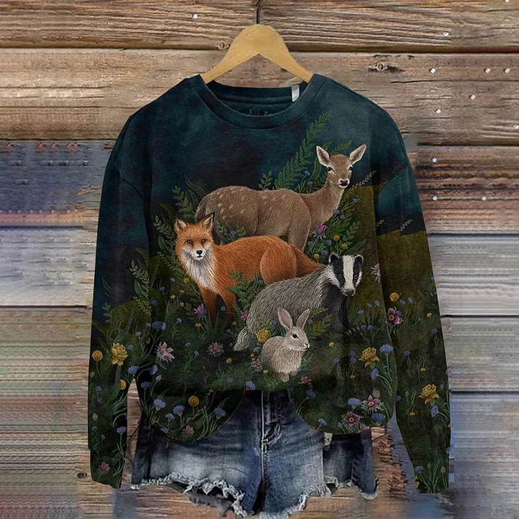 Women's Forest Animal Art Printed Casual Round Neck Sweatshirt