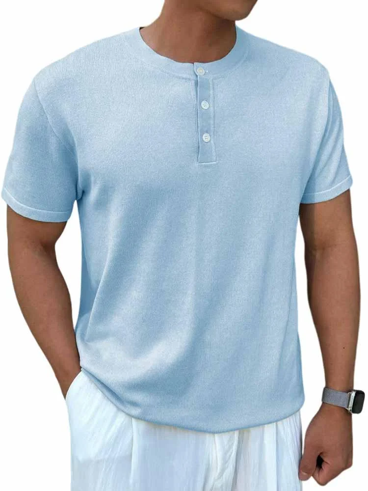 Men's Fashion Casual Waffle Fabric Short Sleeve Henley Shirt