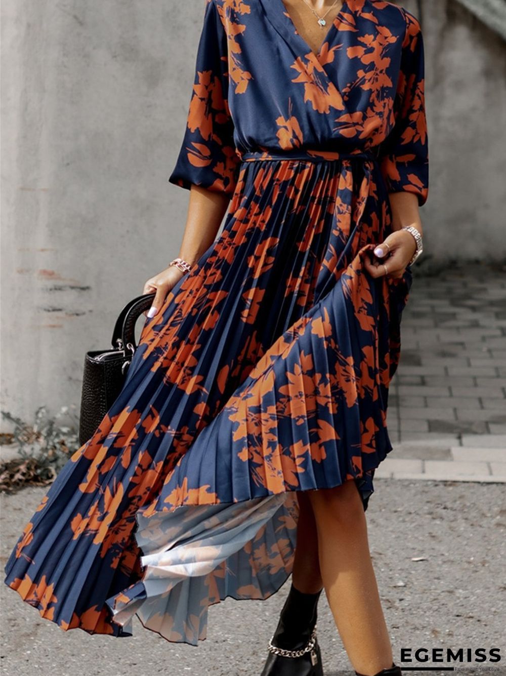 Fashion Waist Strap Pleated Print Dress | EGEMISS