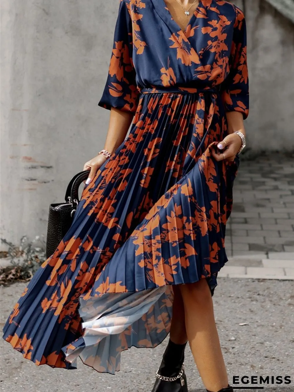 Fashion Waist Strap Pleated Print Dress | EGEMISS