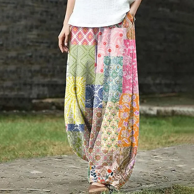 Vintage Geometry Tribal Floral Printed Pocket Casual Pants