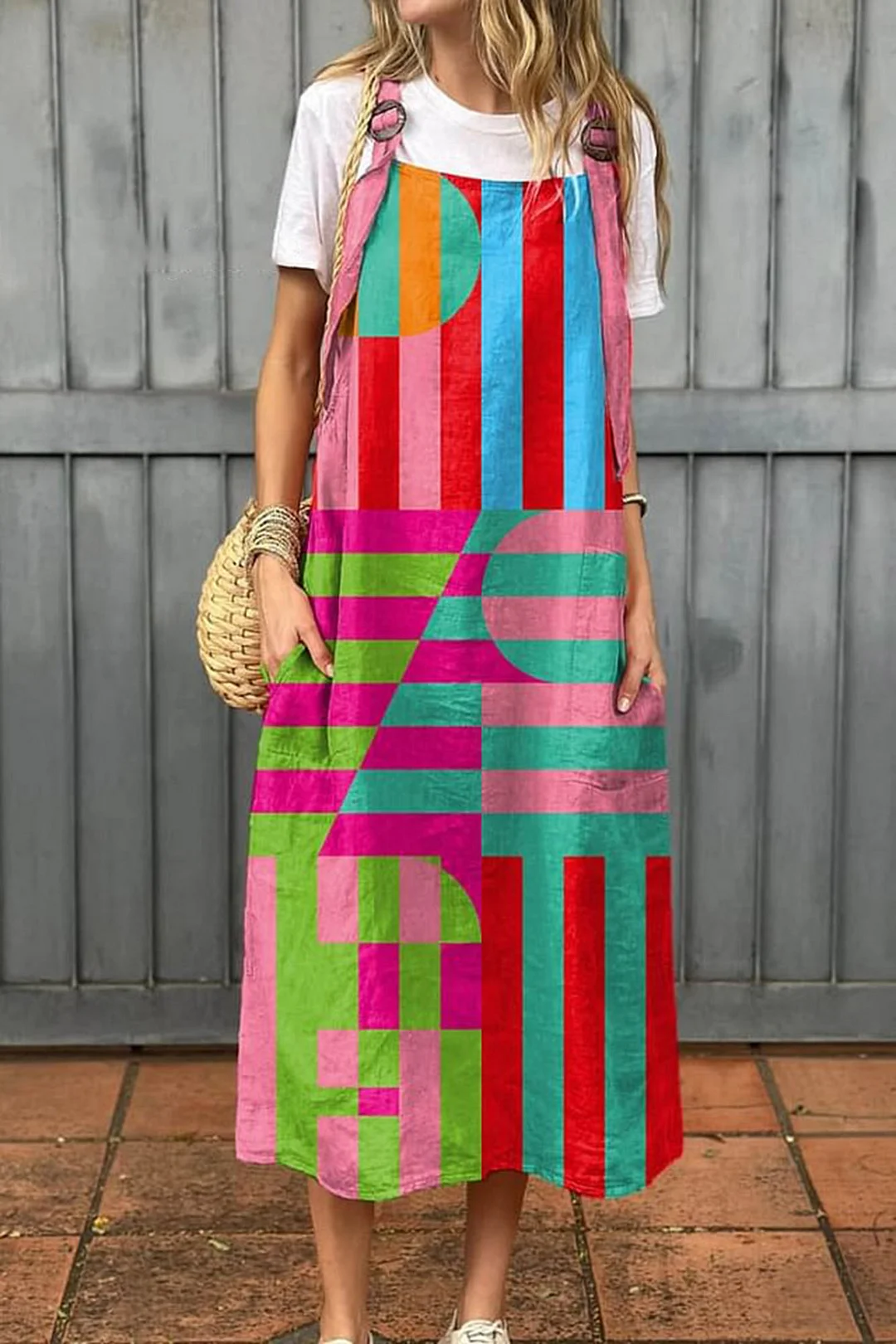 Women's Abstract Geometric Pattern Art Print Cotton Pocket Suspender Dress
