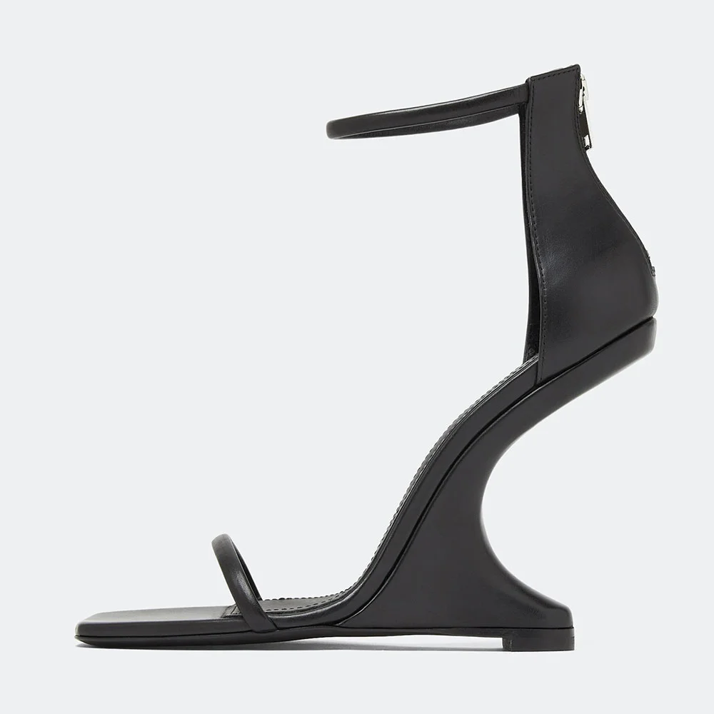 Black Square Toe Ankle Strap Buckle Wedge Sandals for Women