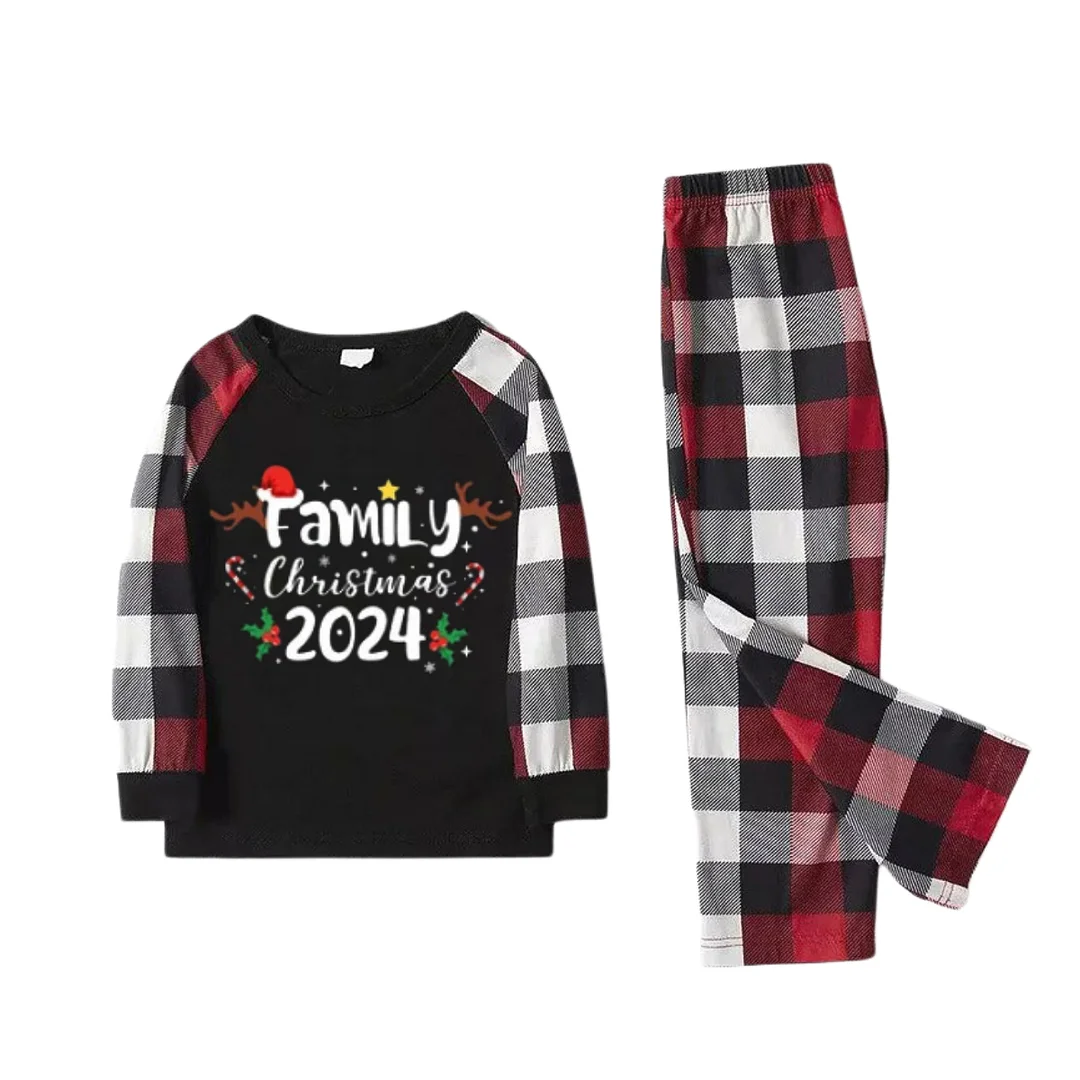 "FAMILY CHRISTMAS 2024" Text And Santa Hat & Snowflake Printed Pattern - Black Top with Red&Black&White Plaid Sleeves - Family Matching Pajamas
