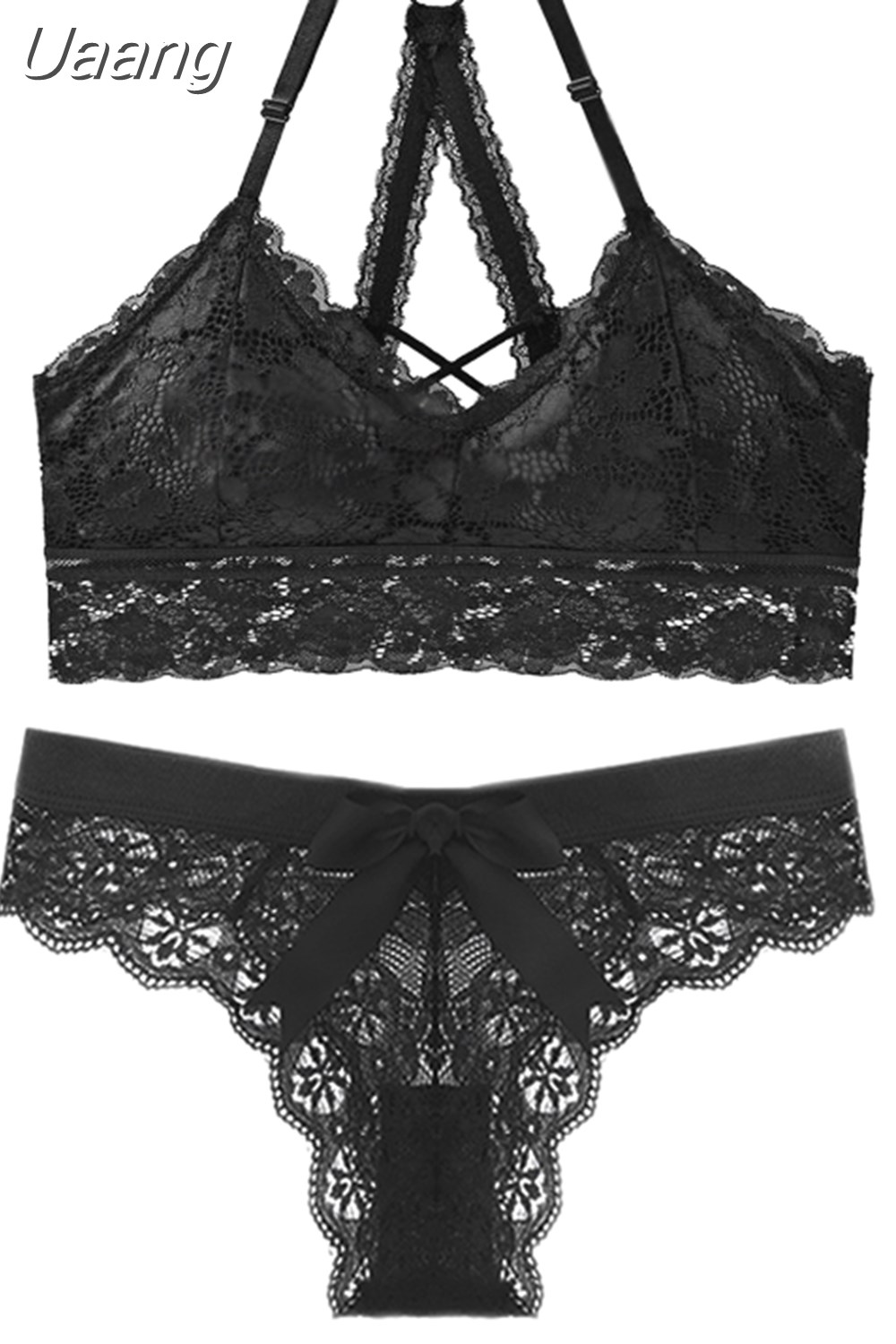 Uaang Set Sexy Lace Bra Thong Set Push Up Wireless Y Line Straps Women Backless Bralette