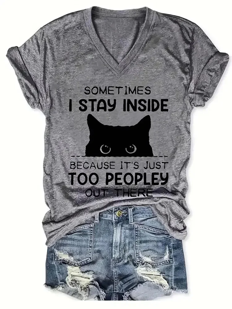 Cat & Letter Print V Neck T-Shirt, Casual Short Sleeve Top For Spring & Summer, Women's Clothing