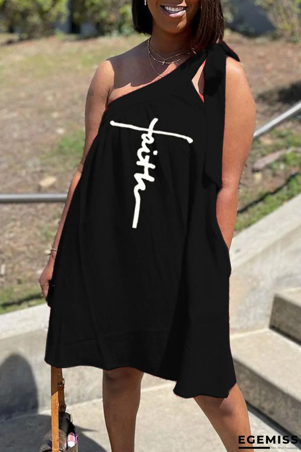 Black Casual Print Patchwork Oblique Collar A Line Dresses | EGEMISS