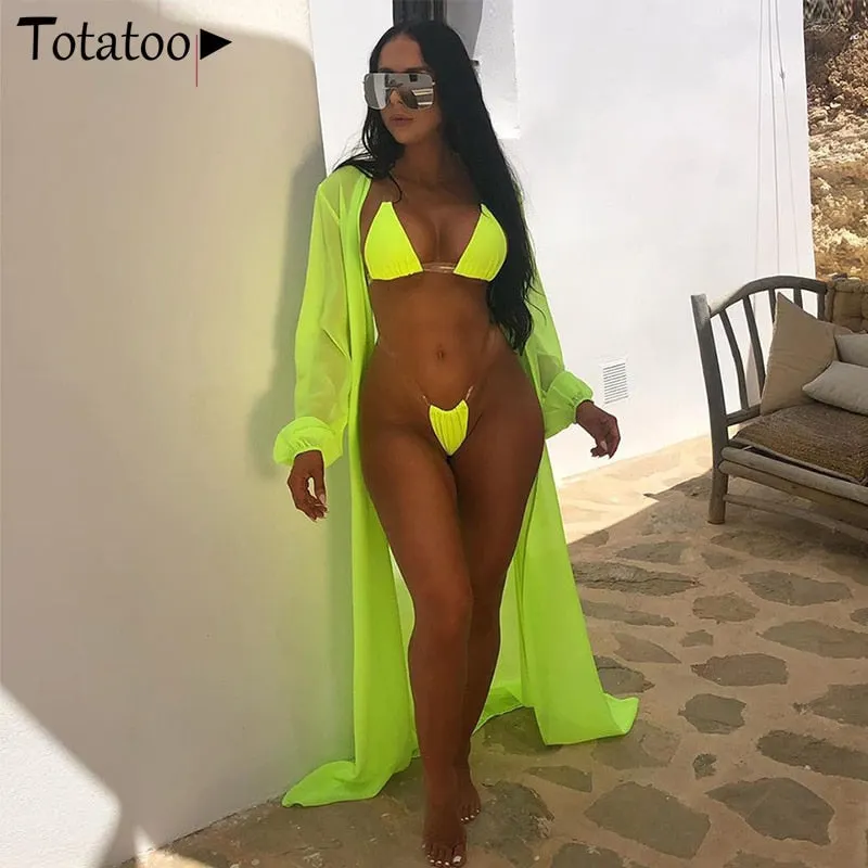 Totatoop Neon Pink Green 3Pcs Women Bikini Sets Boho Chiffon Long Cover Up Cardigan Beach Bathing Dress Swimwear Sets 531