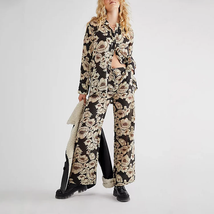 Fashion Print Shirt Collar Long Sleeve Two Piece Set