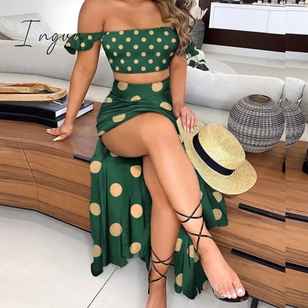 Ingvn - Polka Dot Print Maxi Skirt Suit Women Summer Cropped Top Sexy Side Split High Waist 2 Piece