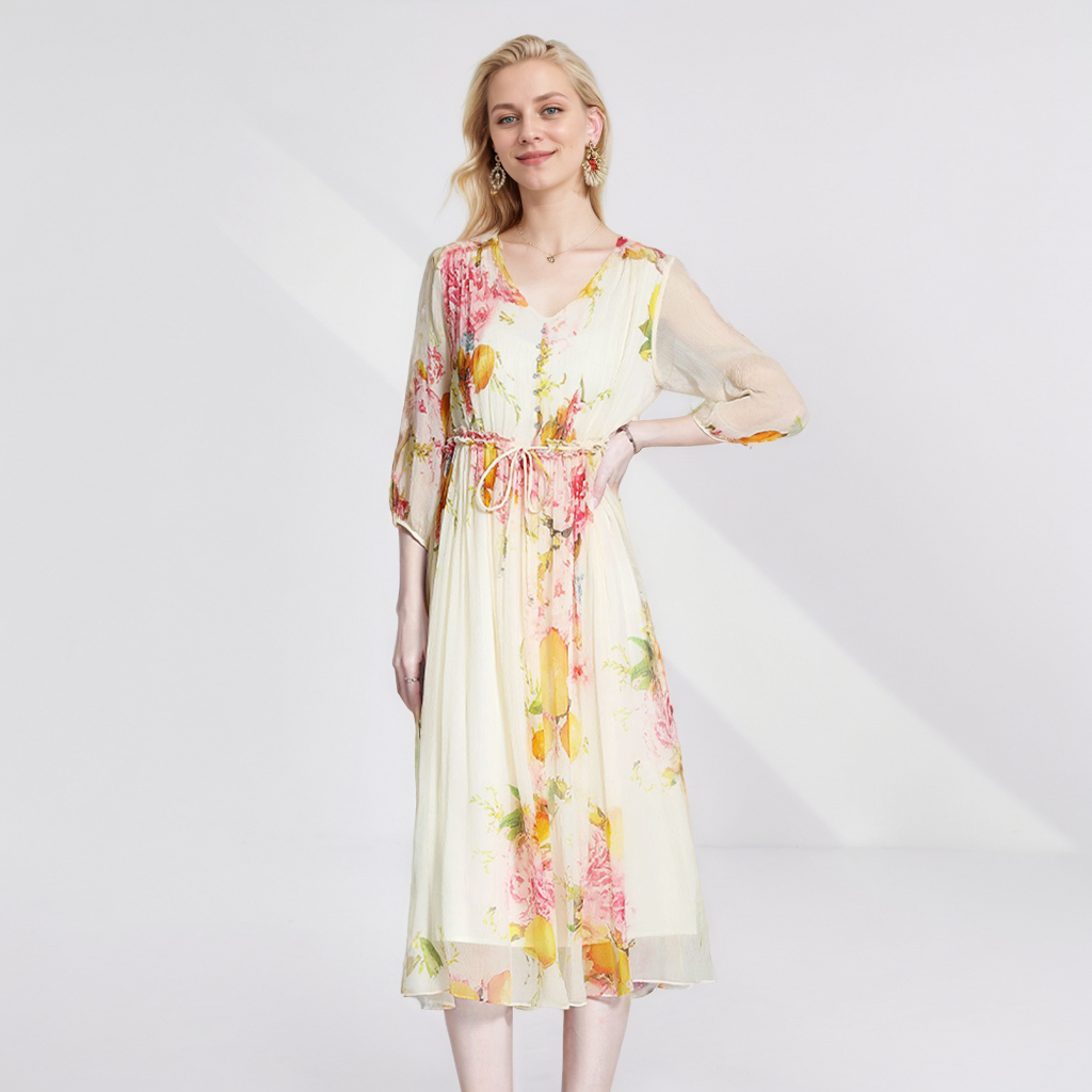 Silk V-Neck Dress Floral Print For Vacation REAL SILK LIFE