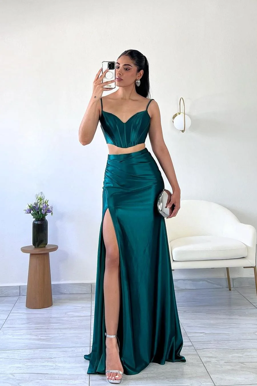 Miabel Simple Dark Green Satin Spaghetti Strap Sleeveless Long Prom Dress with Split