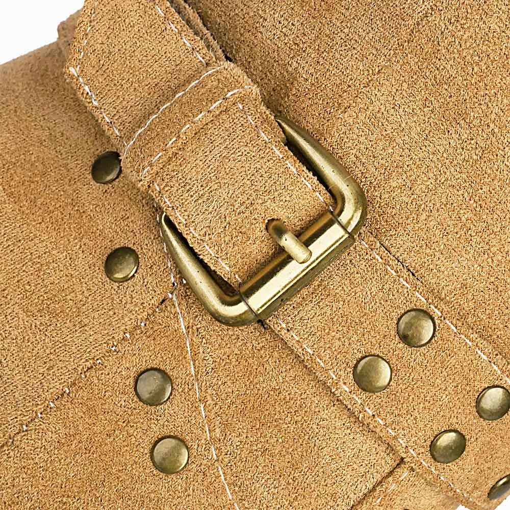 Tan Mid Block Heel Studded Pointed Toe Western Boots for Women