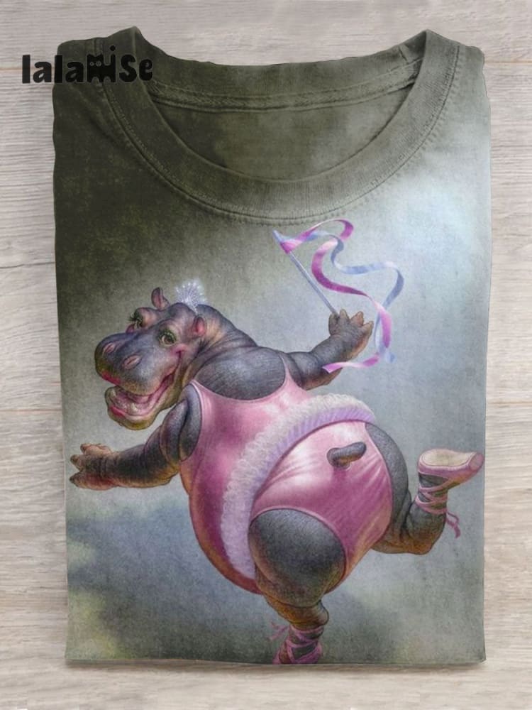 Funny Hippo Art Pattern Print Casual T - Shirt Multicolor / S