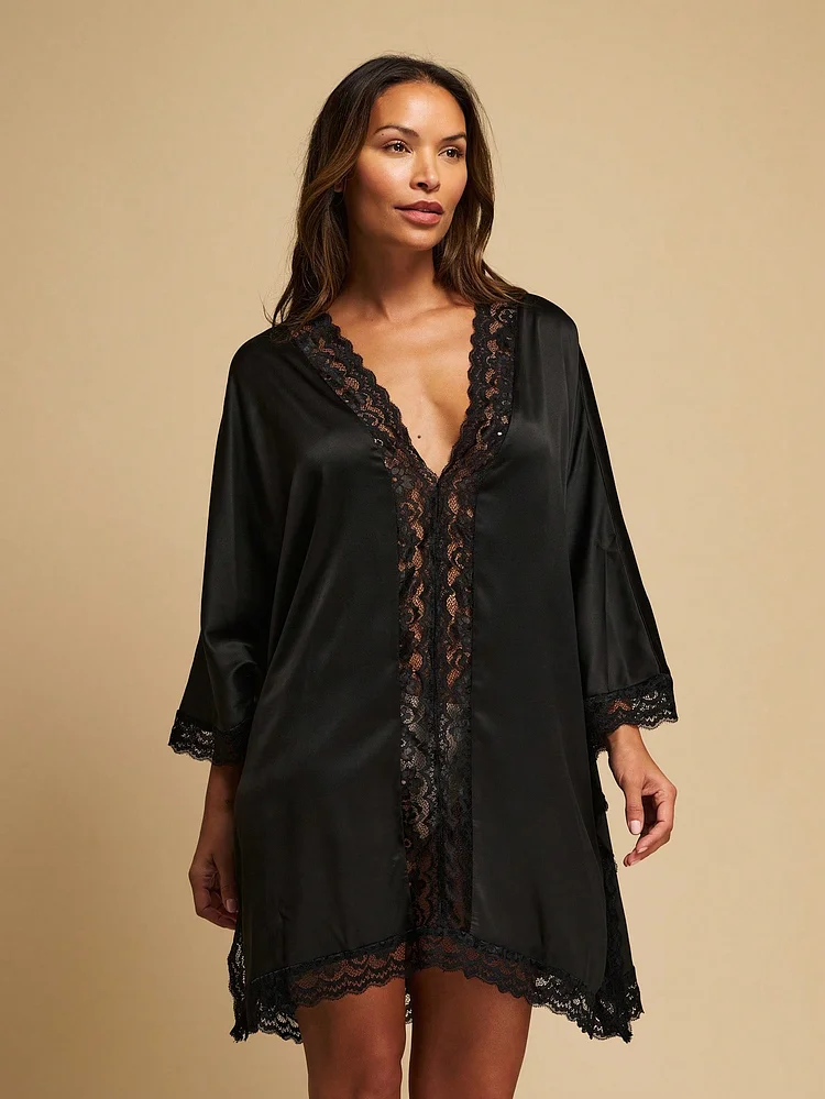 Spice Rack TryMe Sophisticated Silky Kimono Nightwear Dress With Lace