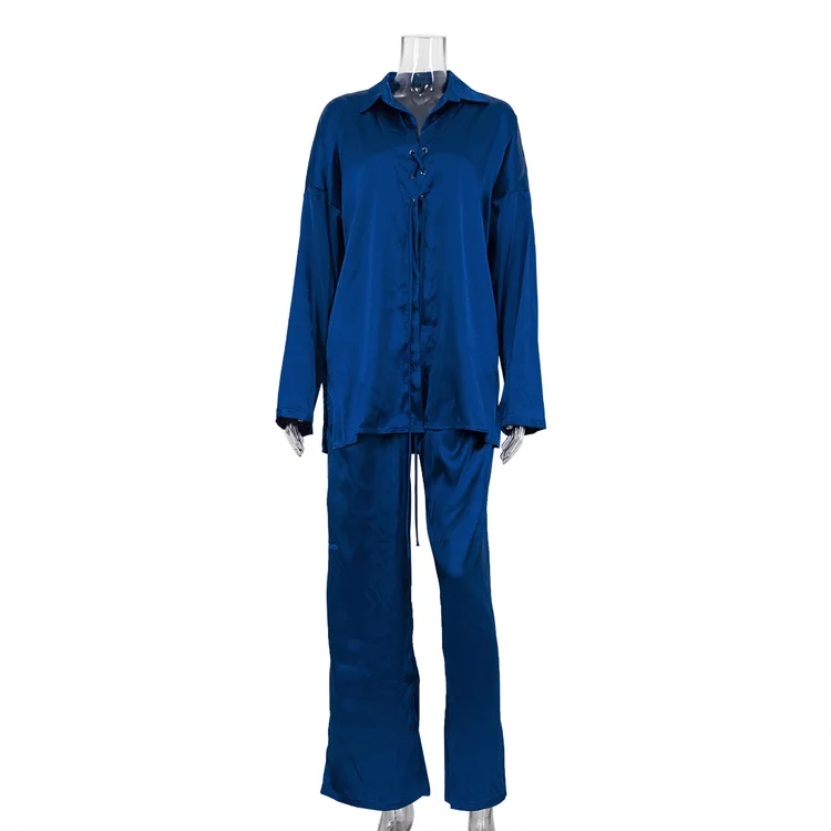 Dark Blue Satin Lapel Long Sleeve Lace-up Shirt And Trousers Two-piece Set