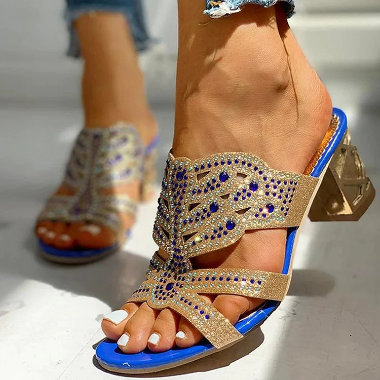 Blue Rhinestone Mule Block Heel Sandals Vdcoo