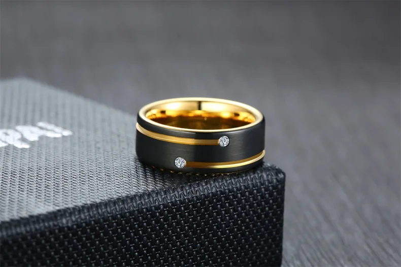 8MM Women's Or Men's Black Tungsten Carbide Wedding Rings Gold Plated Grooved Line Cubic Zircon Inlay