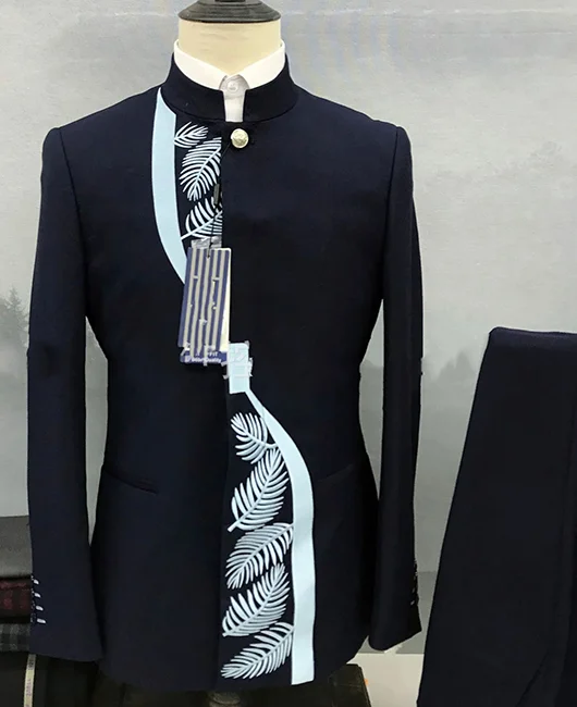 Embroidery Stand Collar Blazer & Pant 2Pcs Set 