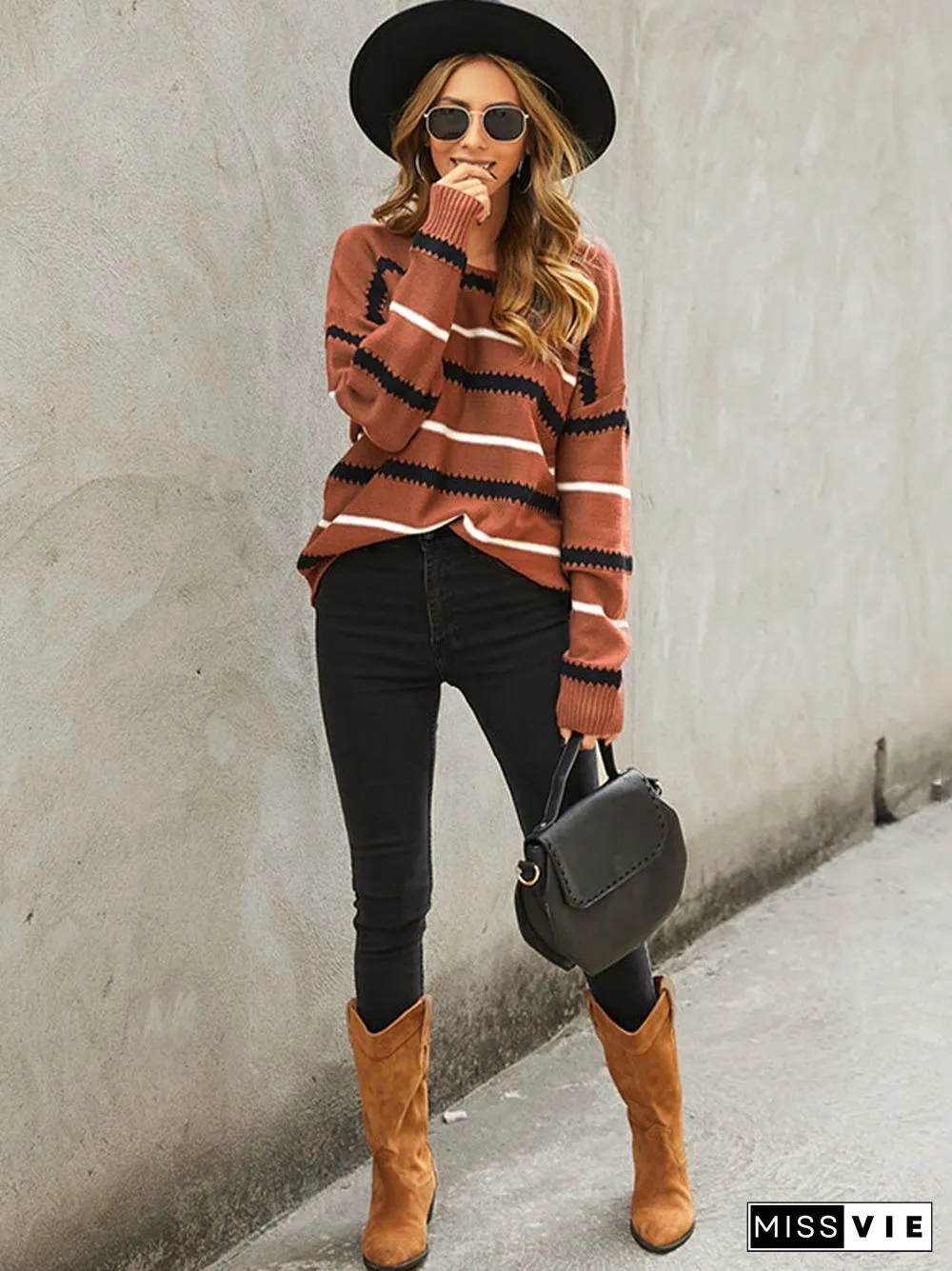 Stripe Print Drop Shoulder Long Sleeve Loose Sweater