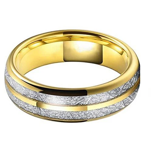 6MM 8MM Men's Or Women's Tungsten Carbide Wedding Matching Rings Yellow Gold Double Line Inspired Meteorite Domed Comfort Fit
