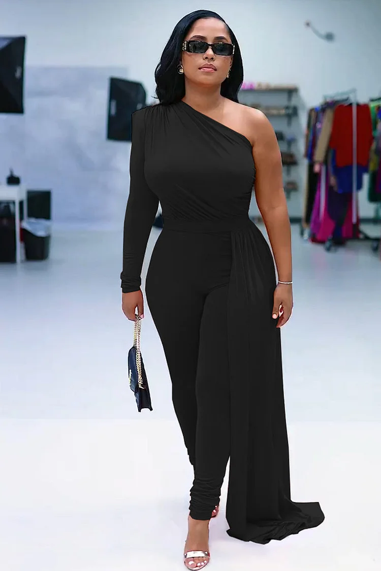One Shoulder Long Sleeve Layered Bodycon Party Jumpsuit