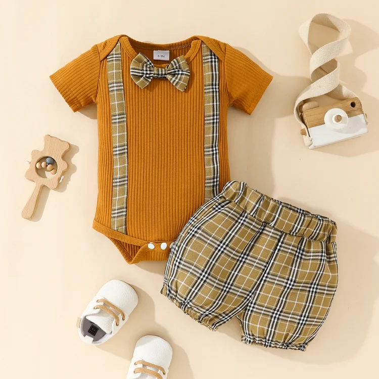 Baby Boy Plaid Bow Front Bodysuit & Short Set