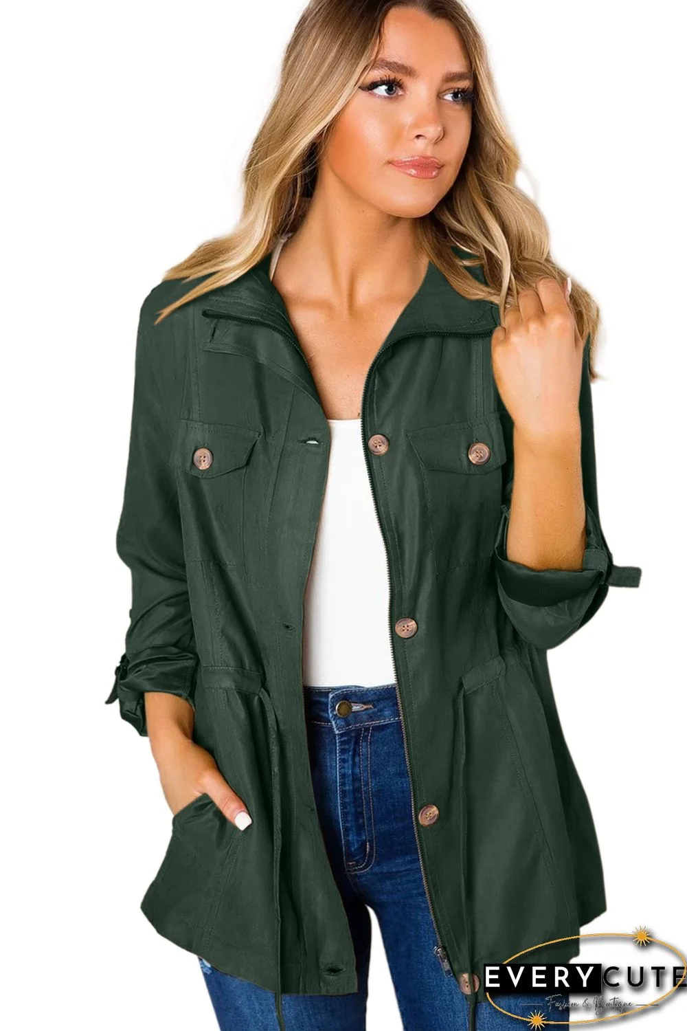 Green Bottoned Pockets Jacket