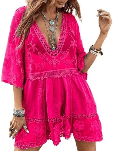 B2prity Women's Contrast Lace Bathing Suit Cover Up V-Neck Swimsuit Coverups Loose Swimwear Beach Dress Beachwear