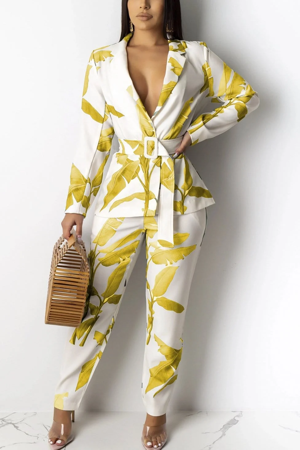 Casual Leaf Print Long-Sleeved Two-Pieces Set