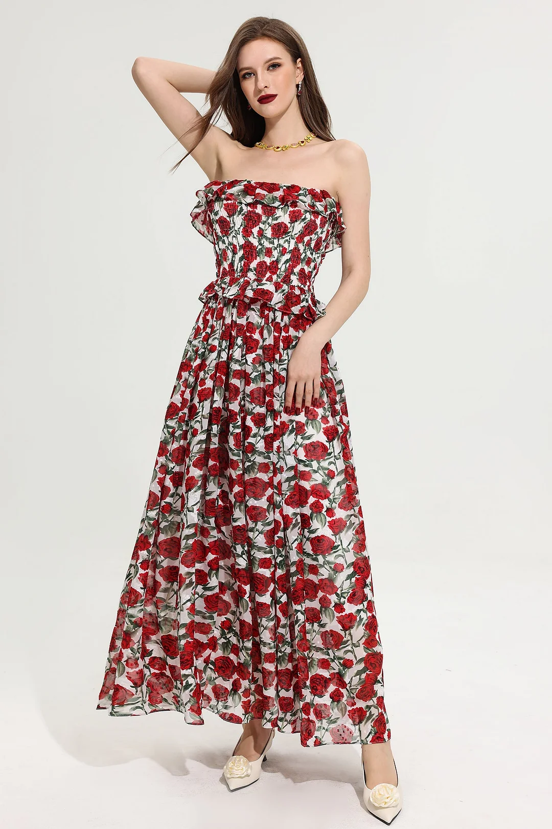 ABEBEY-Graduation Gift Back to School Season Summer Dress Spring Outfit Off-Shoulder Floral Frill Maxi Dress